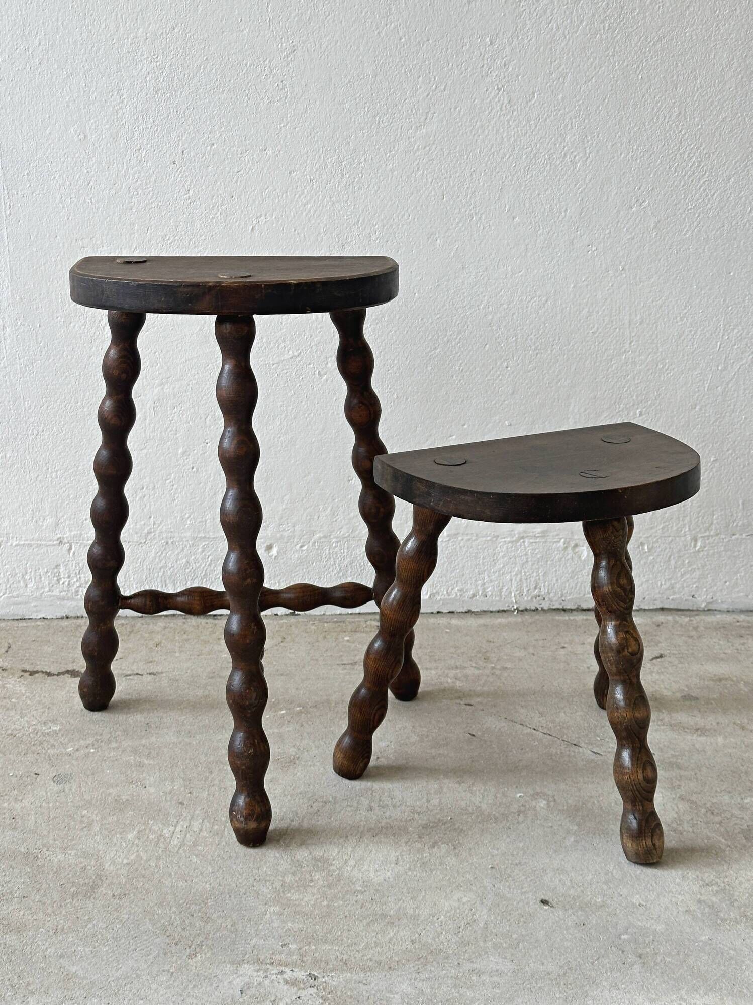 vintage French farm stool in turned wood