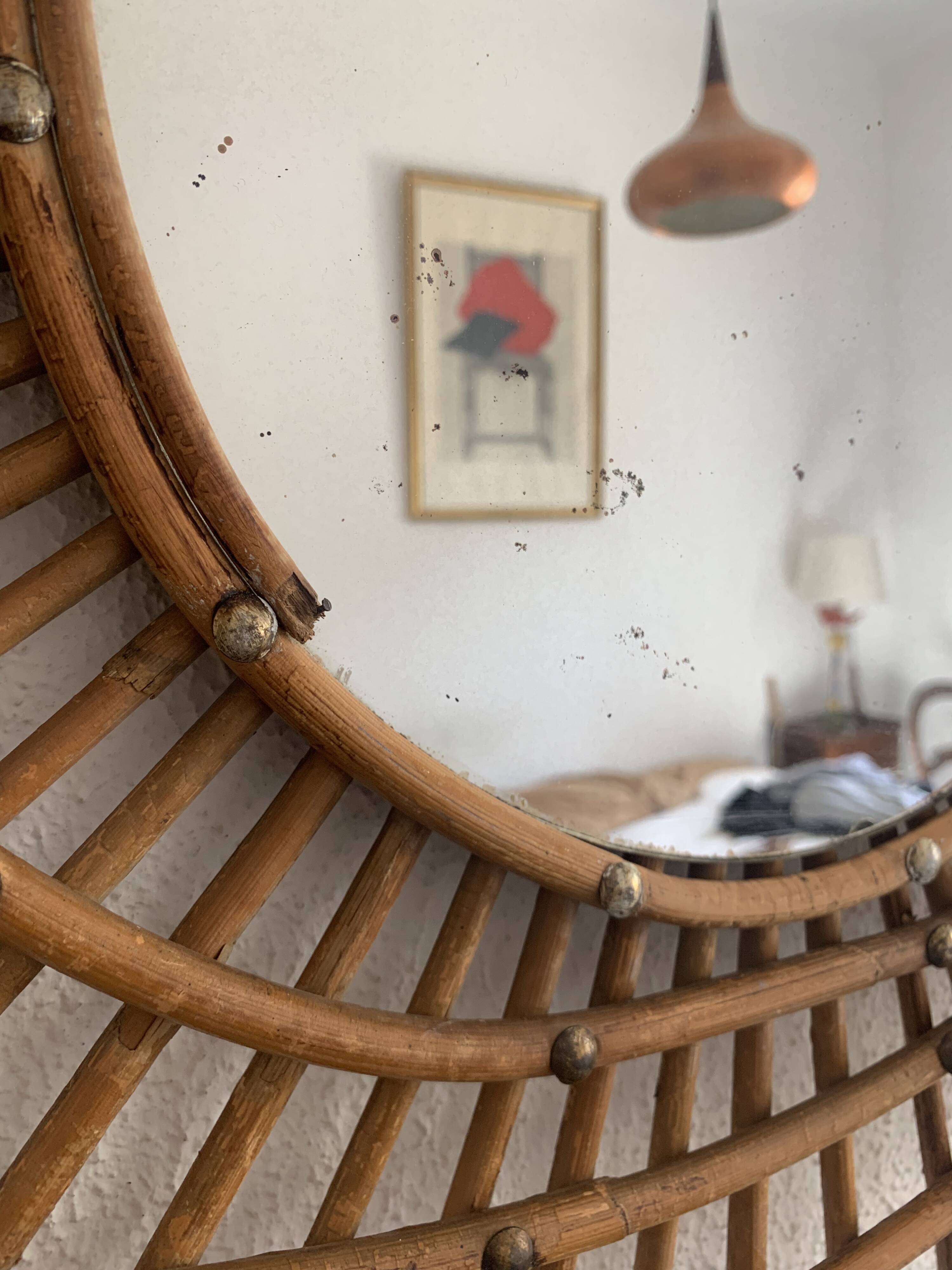 Vintage 1960s sunburst rattan ortf style spiral eye mirror - 90 x 67 cm