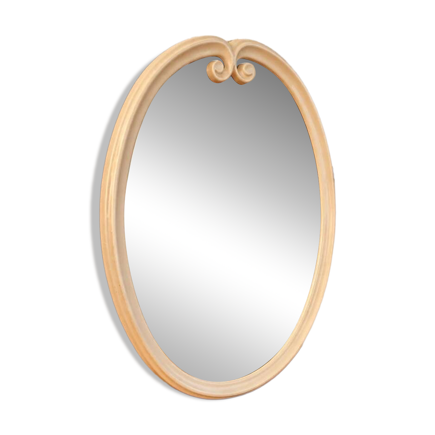 Grand miroir ovale vintage en métal émaillé blanc