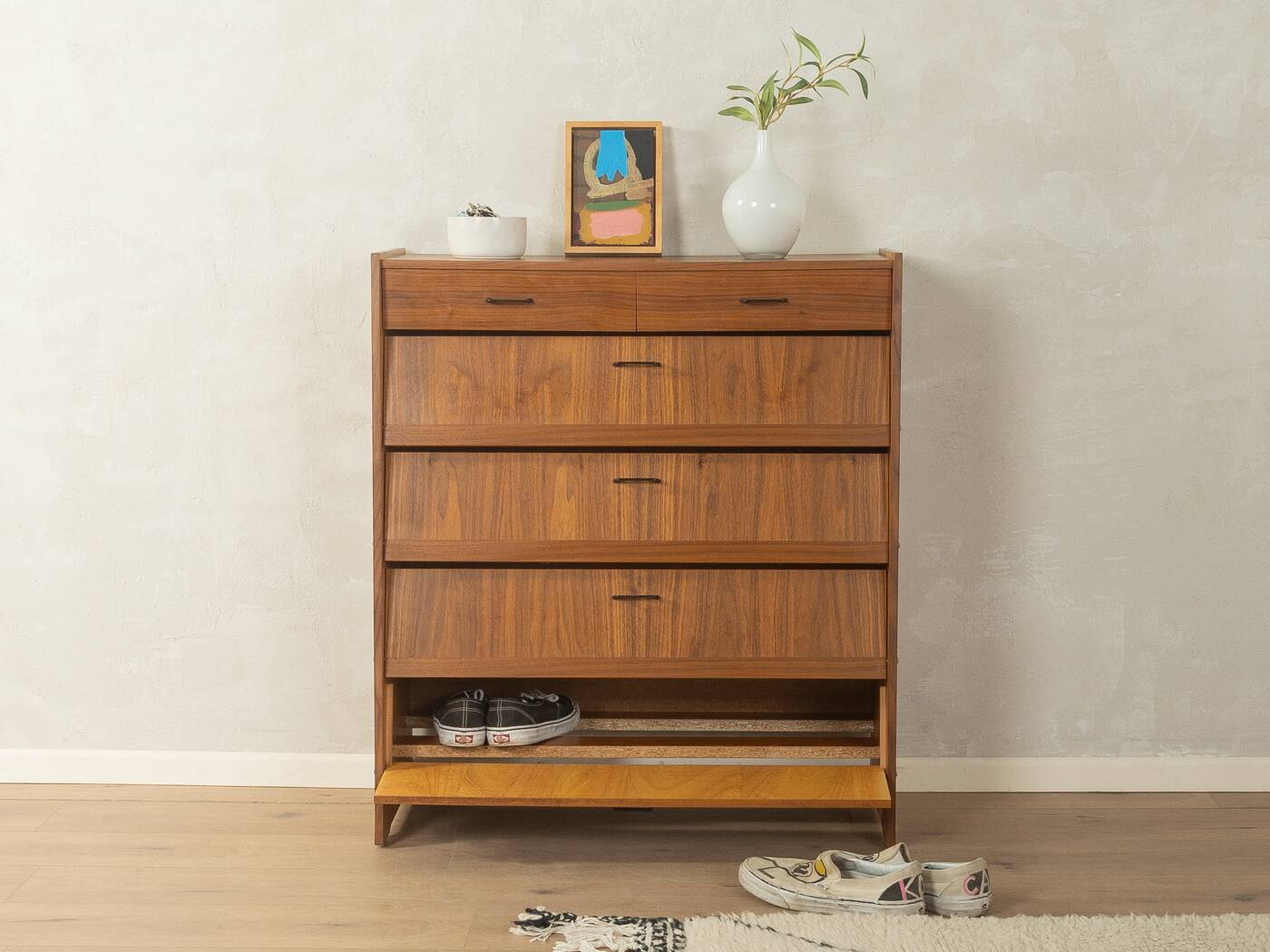 Classic shoe cabinet from the 1960s, walnut veneer, four drop-down doors, two drawers