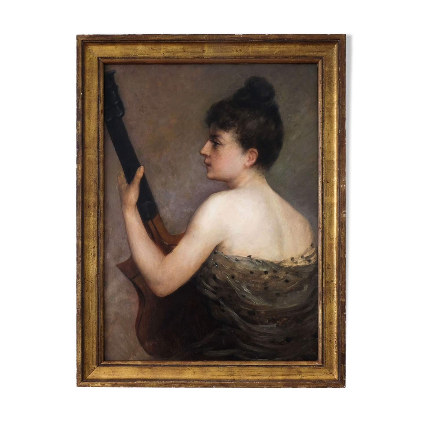 Painting old 19th, profile woman playing the guitar Vissenaire