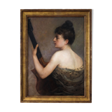 Painting old 19th, profile woman playing the guitar Vissenaire