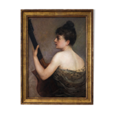 Painting old 19th, profile woman playing the guitar Vissenaire