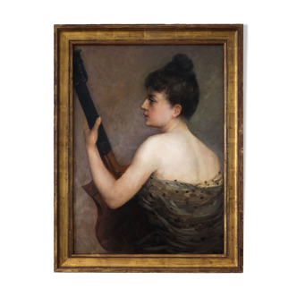 Painting old 19th, profile woman playing the guitar Vissenaire
