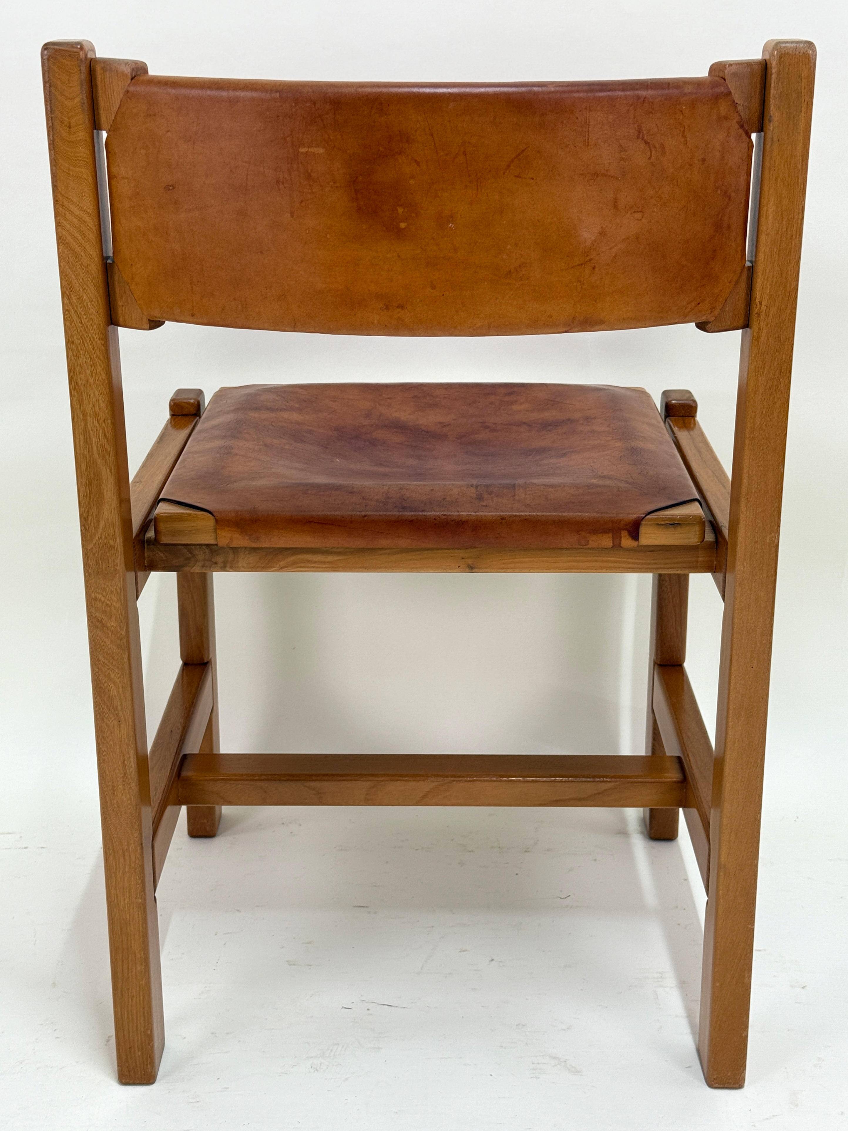 Set of 6 Maison Regain Chairs - Solid Elm and Fawn Leather - Circa 70