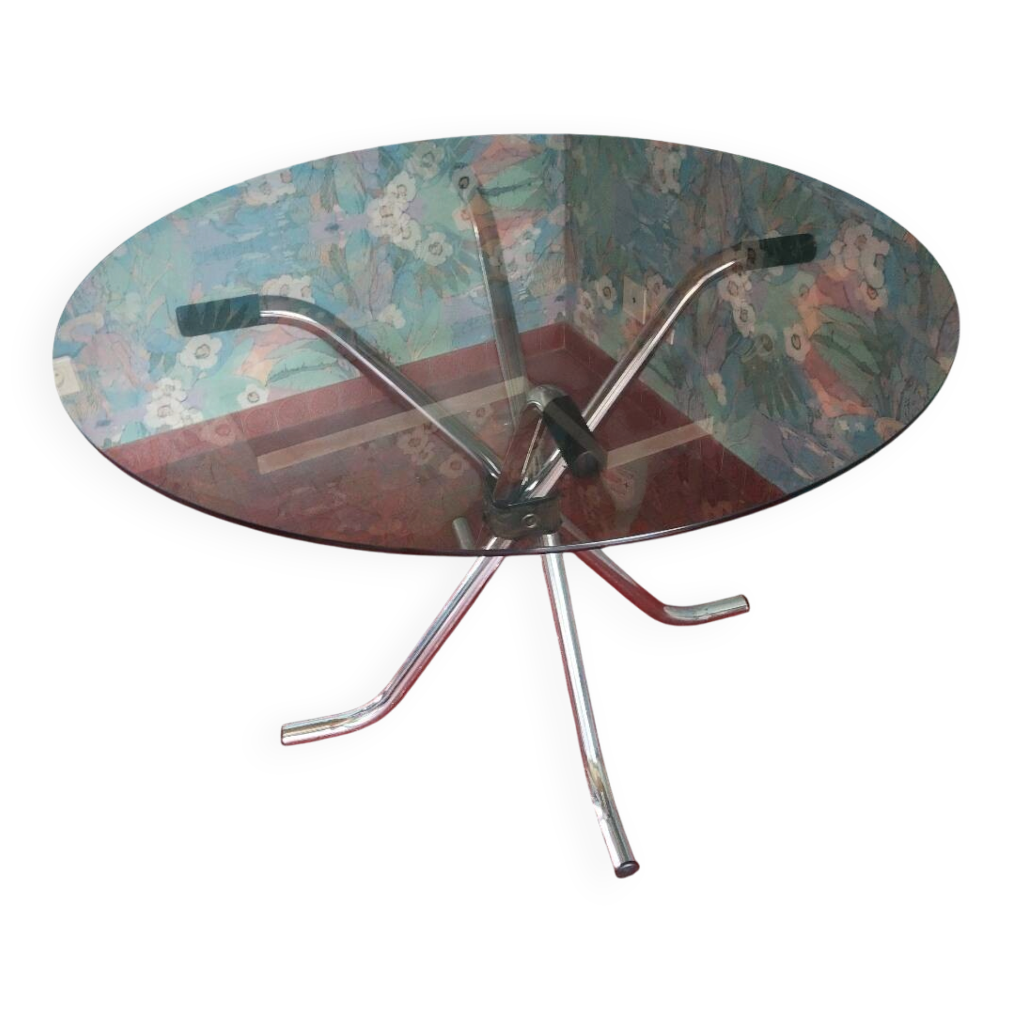Vintage round table in smoked glass and chrome steel – 1970s design