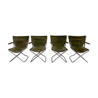 Set of 4 mid century modern green canvas folding armchairs