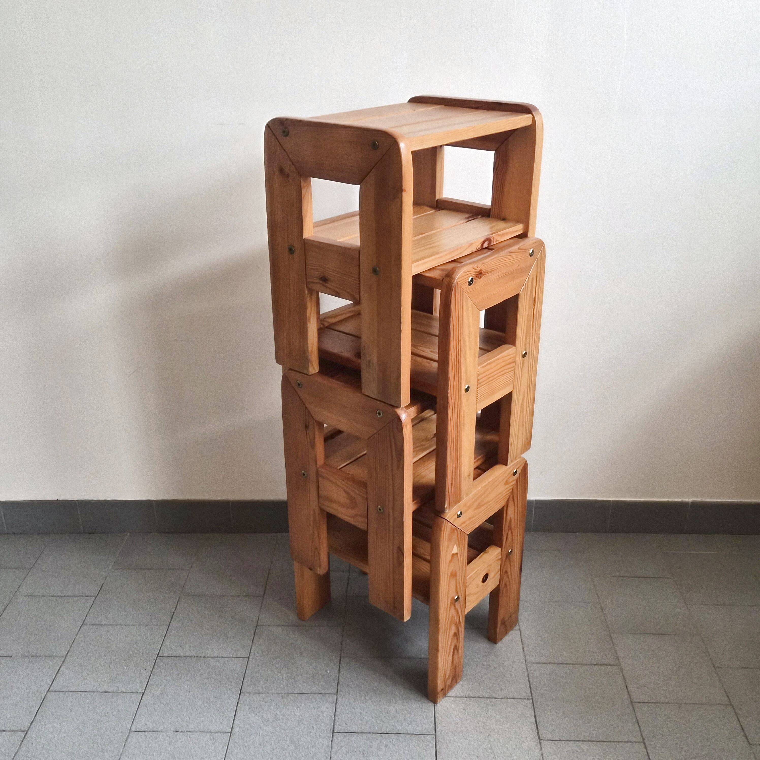 Set of 4 vintage 1970s pine side tables or bedside tables.