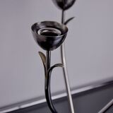 Pair of art deco candlesticks in stainless steel 3 flames and blue stones, Spain, 1970