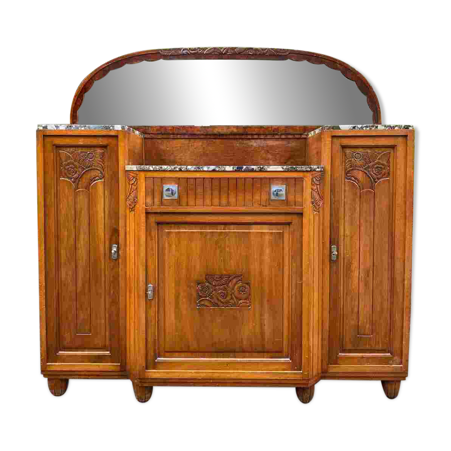 Art Deco 1930s marble and solid oak wood mirror sideboard