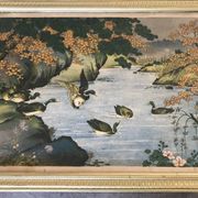 Old painting with a polychrome print decoration of ducks in nature.