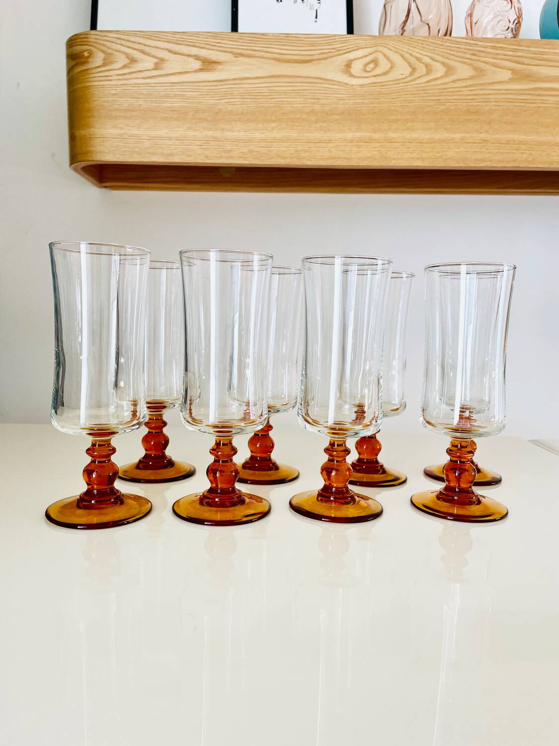 Set of 8 vintage amber glass champagne flutes