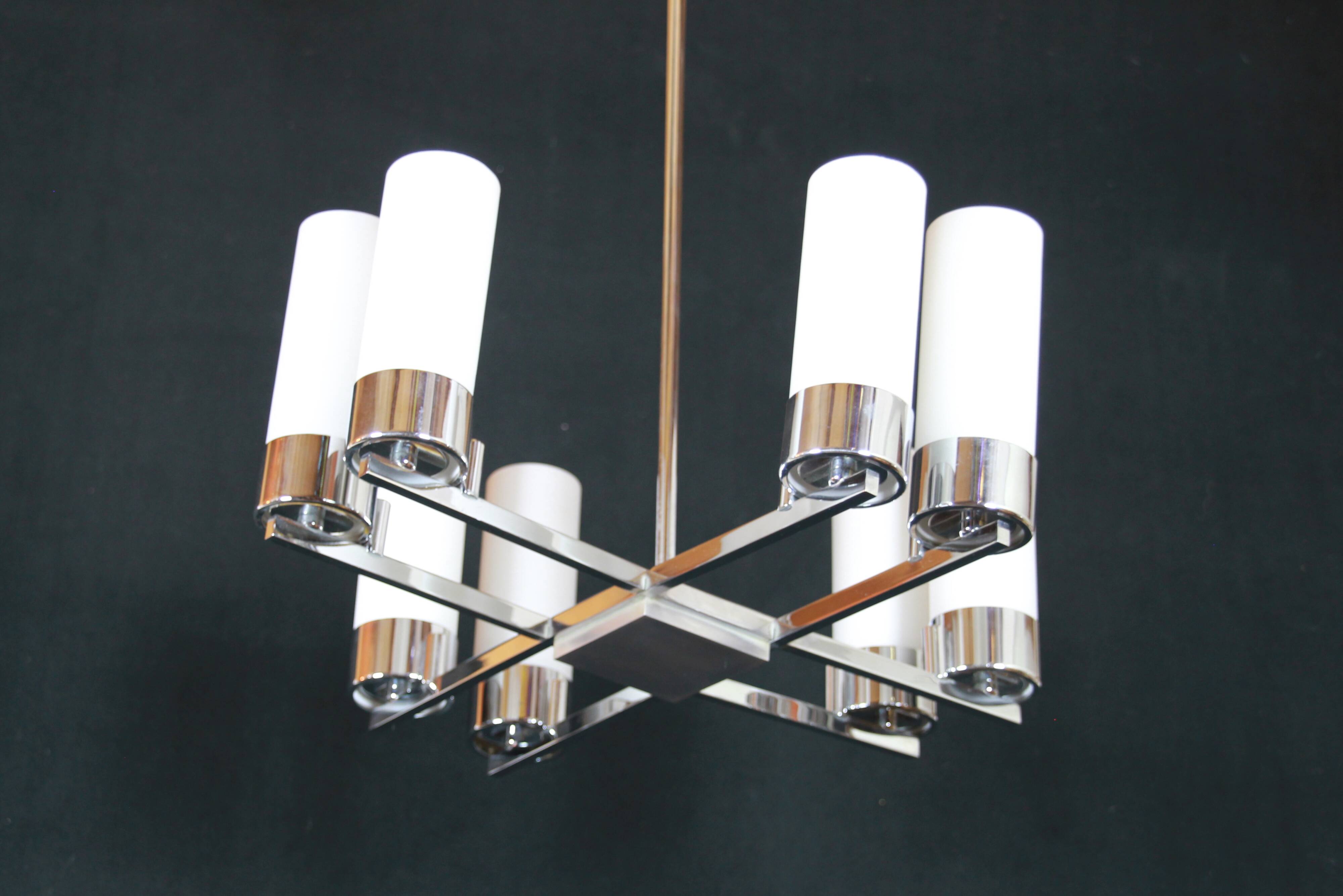 Modernist chandelier, chrome and opaline metal, mid-century france - 8 lights