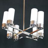 Modernist chandelier, chrome and opaline metal, mid-century france - 8 lights