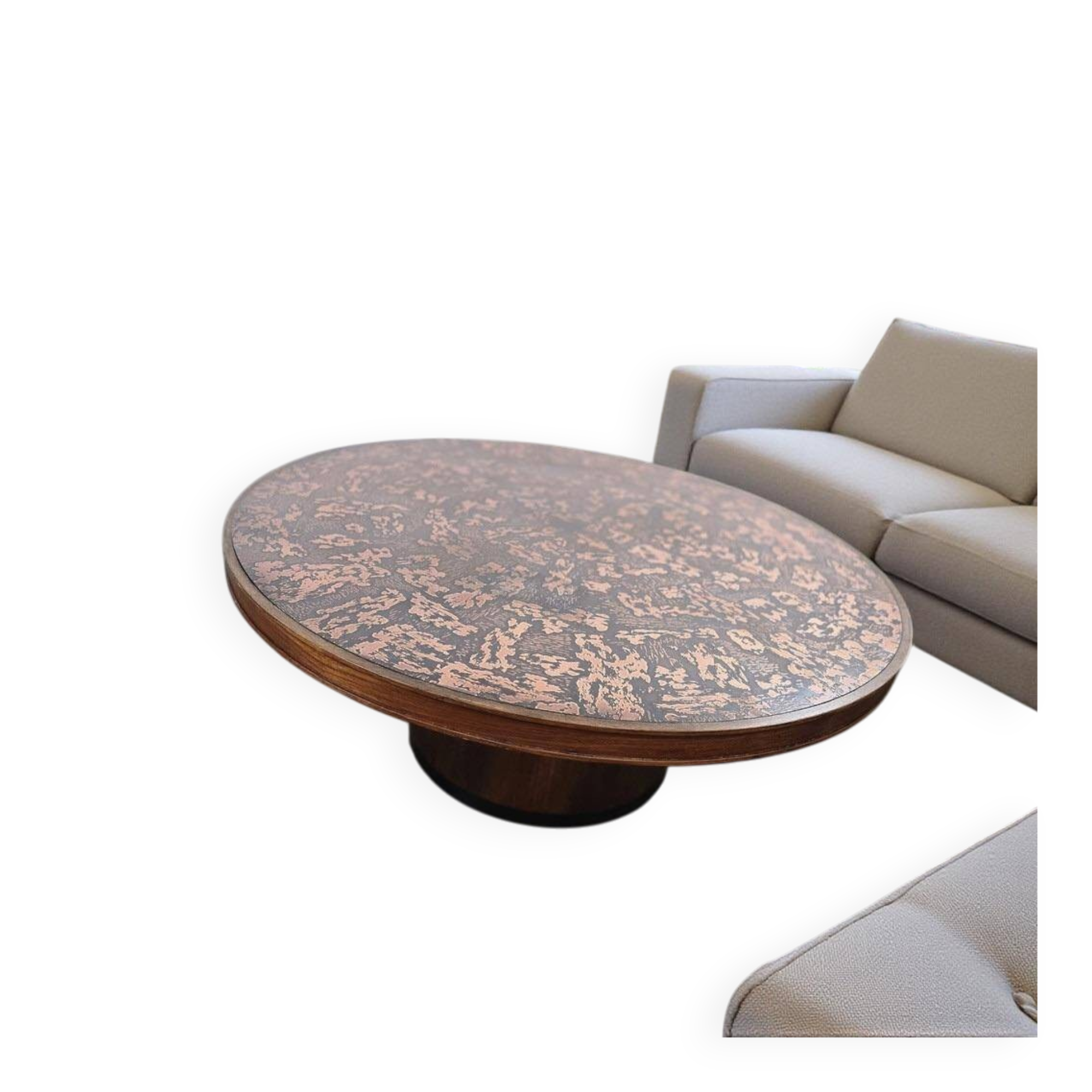 Vintage round wooden coffee table with a copper top.