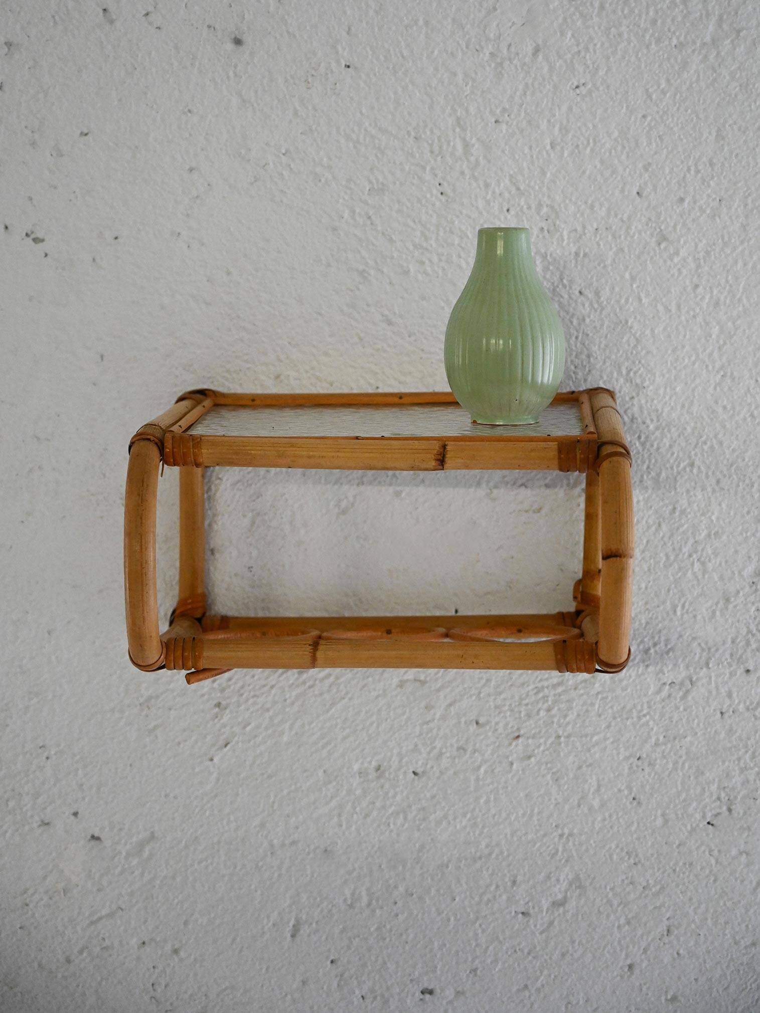 Scandinavian Wall-Mounted Bamboo and Glass Nightstand