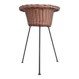 Rattan and metal tripod sewing basket