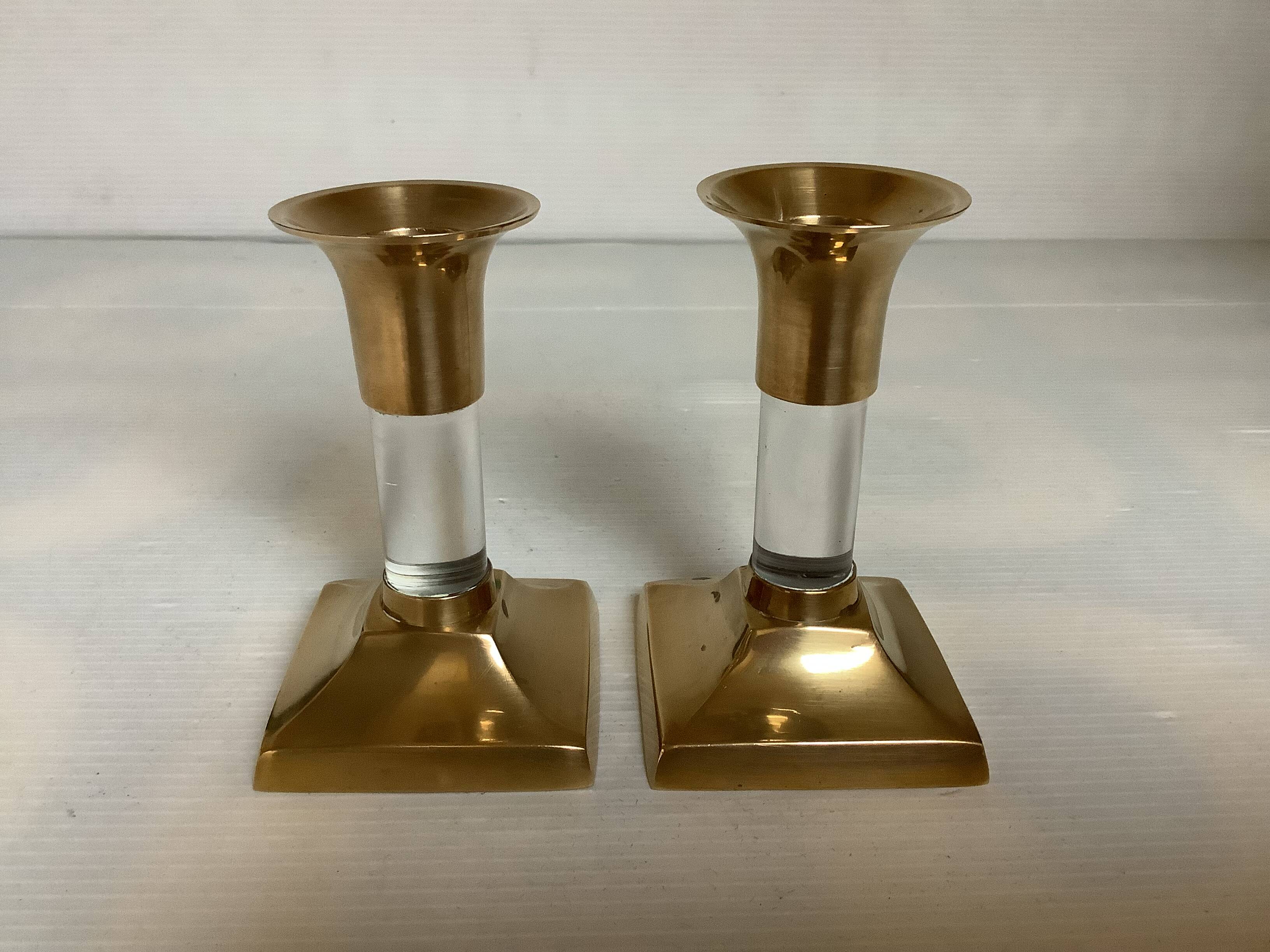 Pair of small brass and glass candlesticks