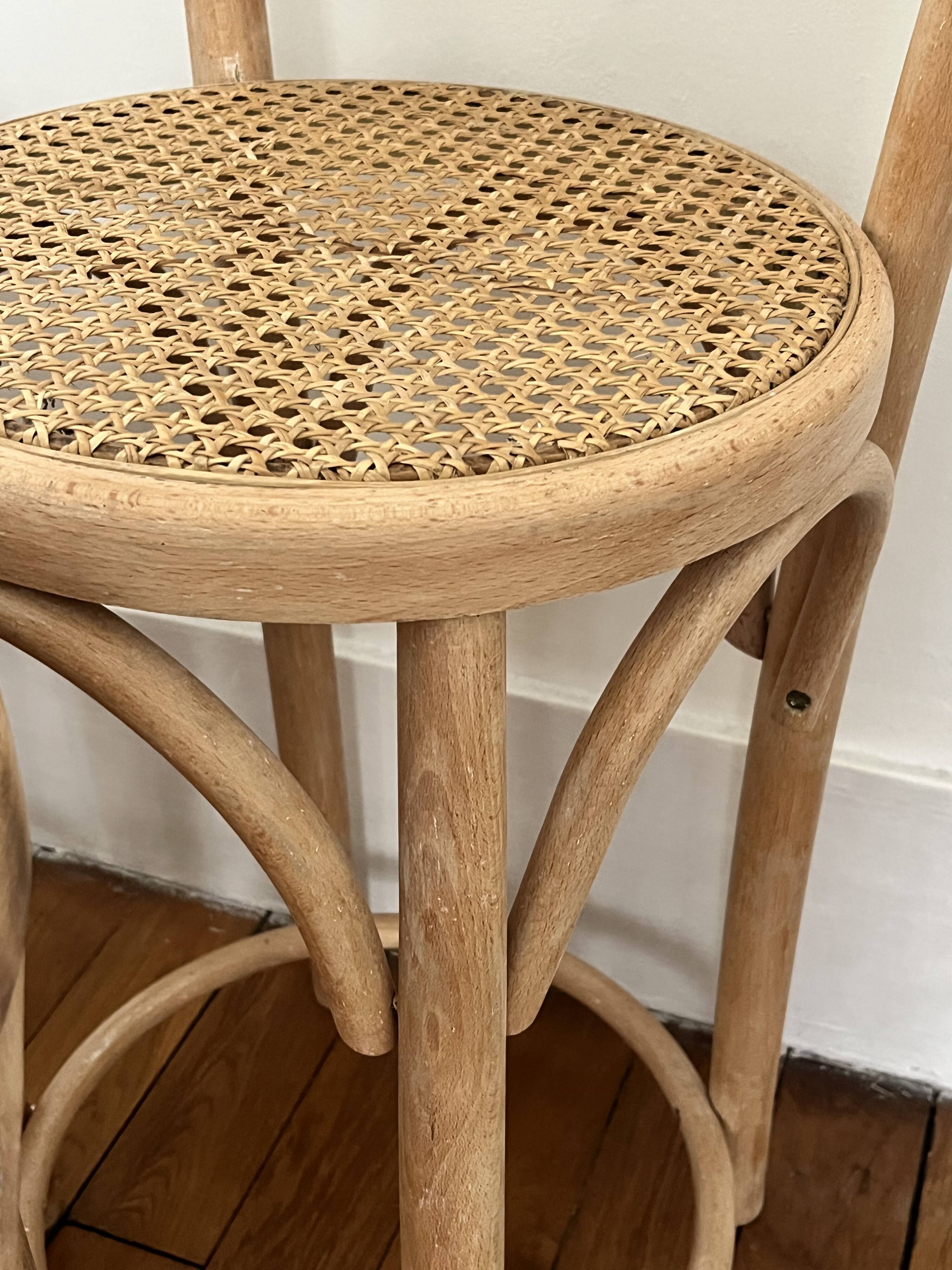 Pair of high chairs, curved wood and caning.