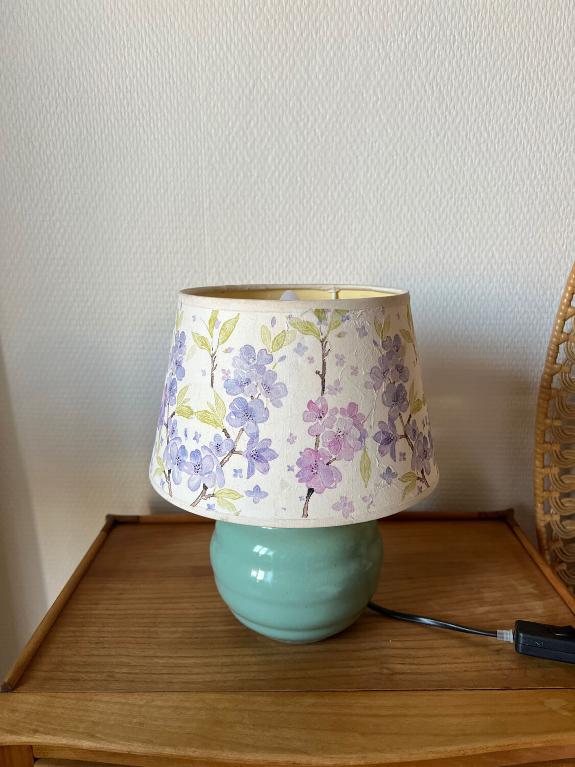 Vintage teal table lamp with floral lampshade