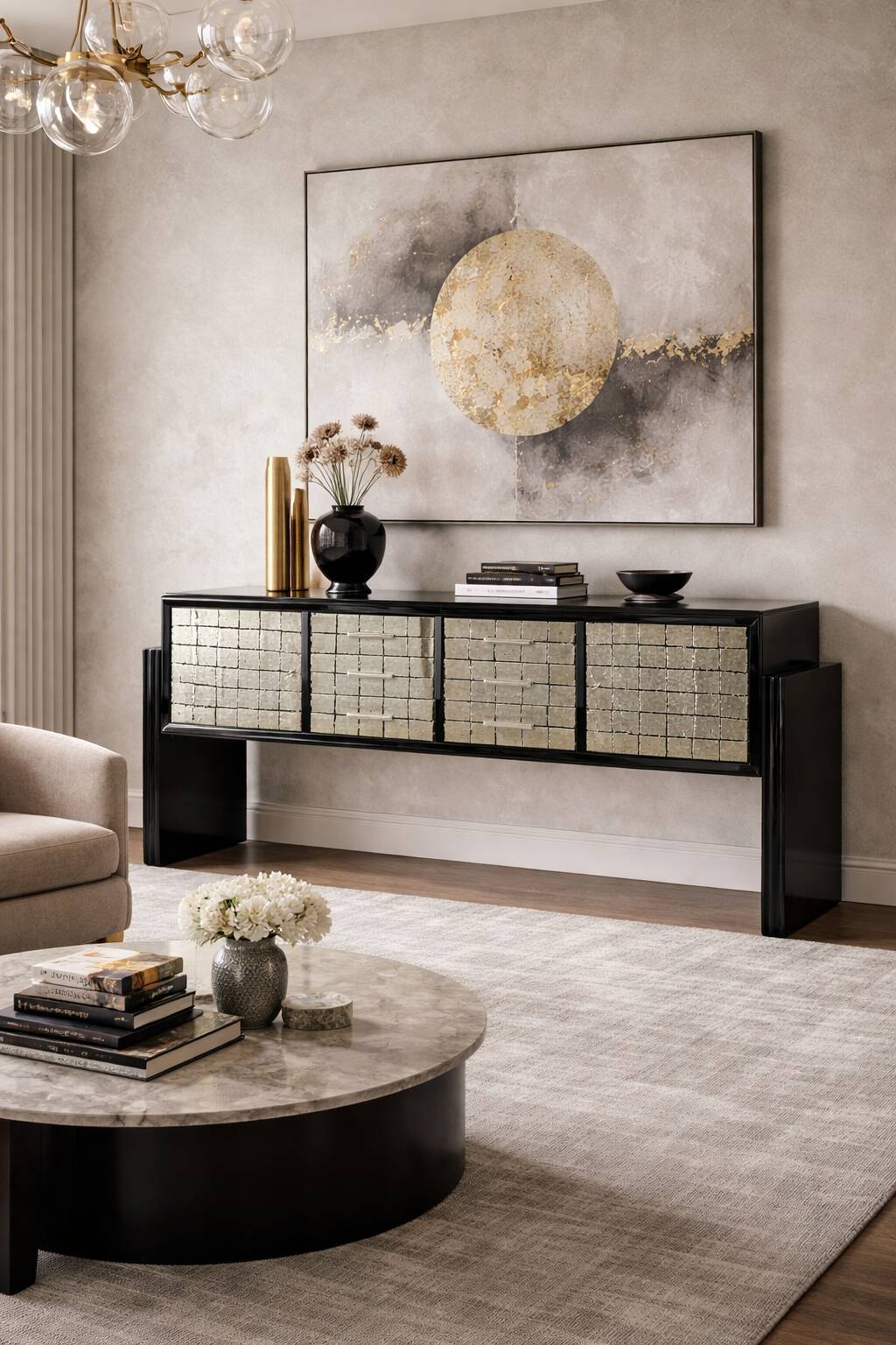 Italian Midcentury Black and Silver Leaf Sideboard, 1950s