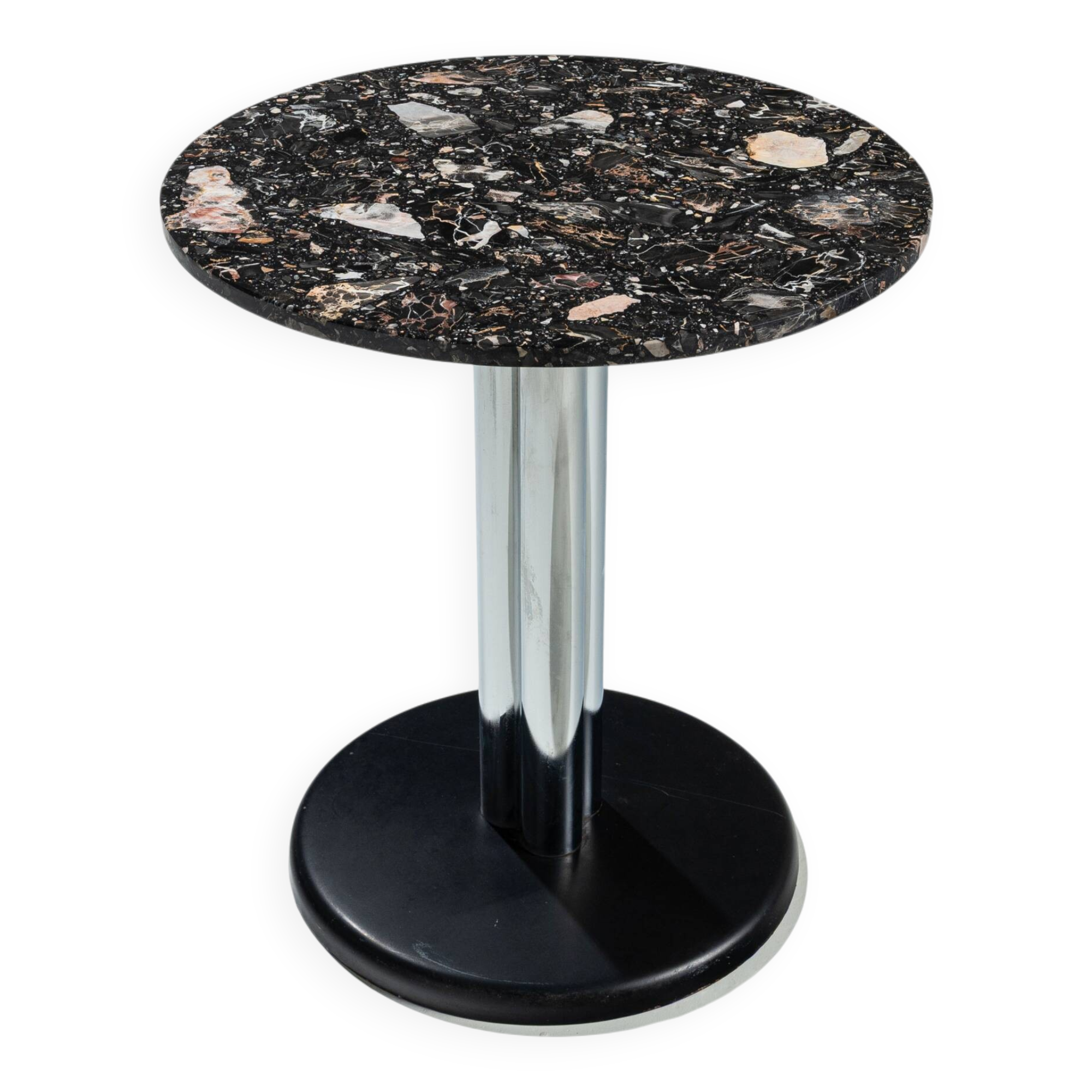 Round sidetable with stone top and three chromed legs