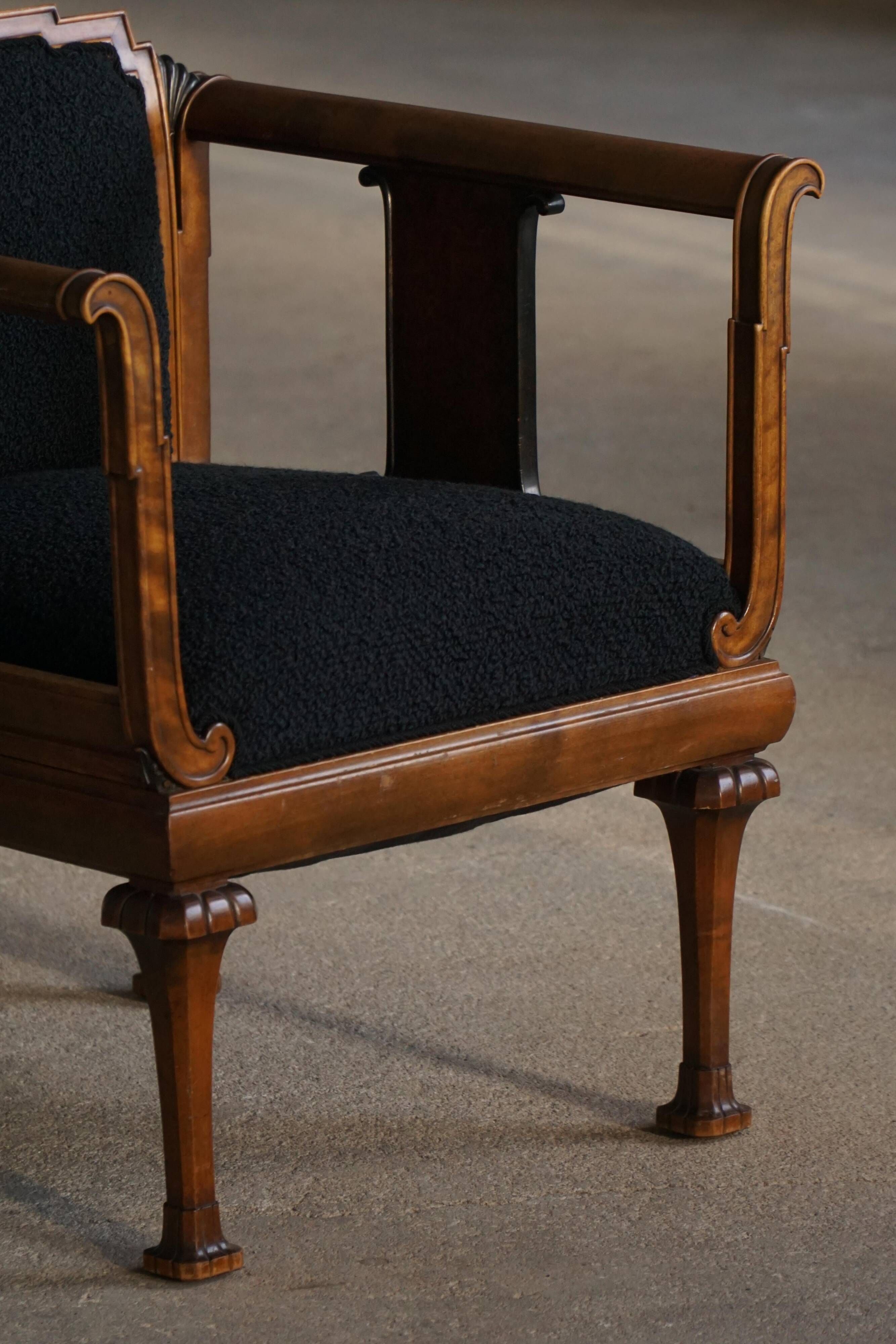 Early 20th century Danish Art Nouveau armchair, reupholstered in charcoal boucle.