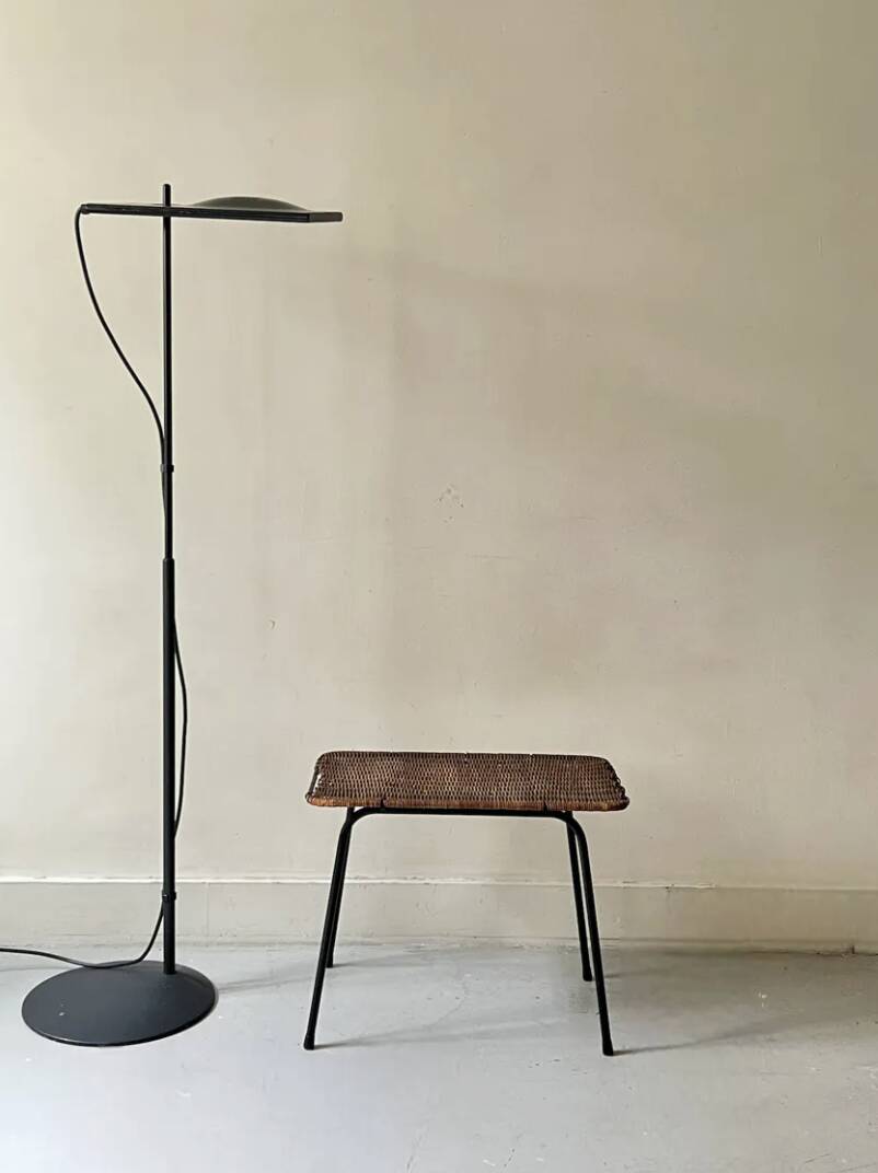 Vintage side table in black metal and wicker, 1950.
