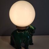 Green ceramic bear lamp and white opaline globe