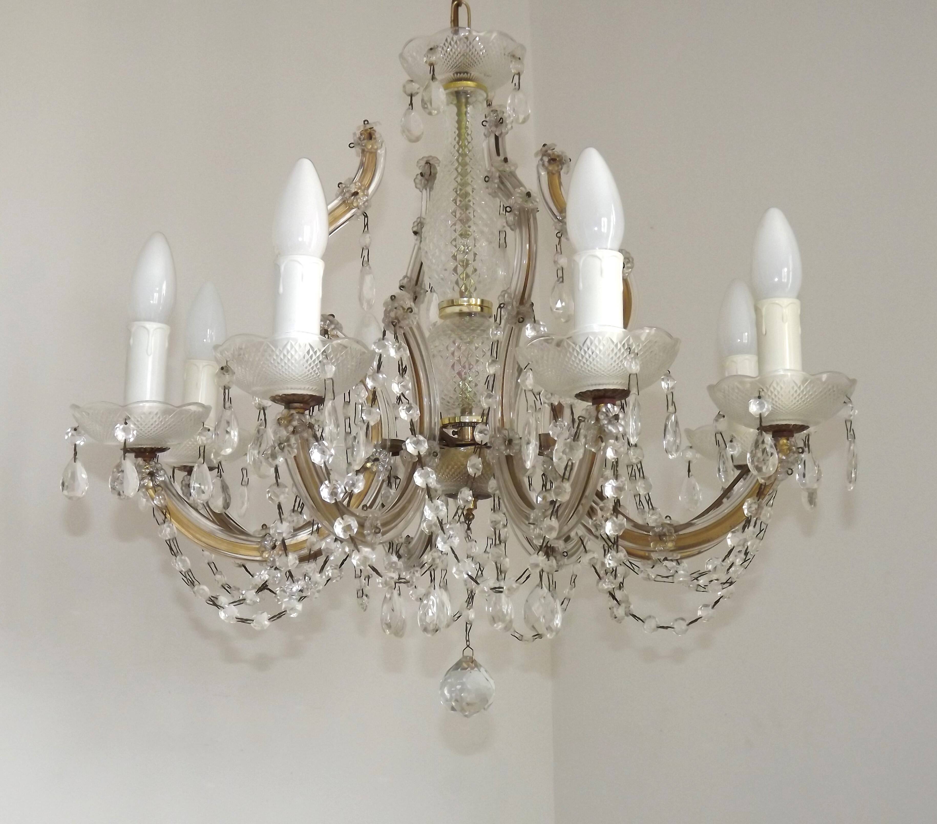 Mid-Century Brass Glass & Crystal Maria Theresa Style 8 Arm Chandelier 5446