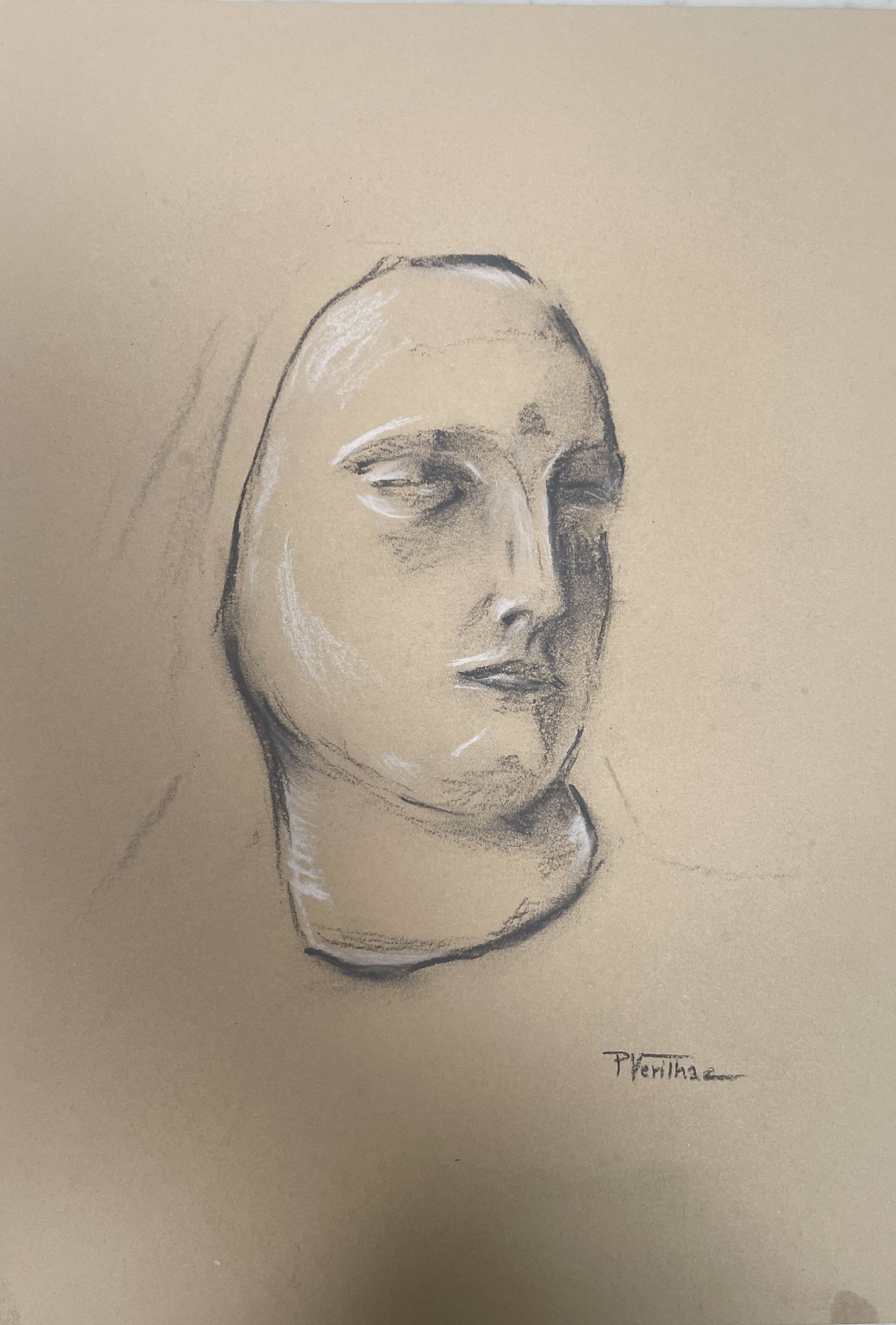 Signed drawing, charcoal study of a woman's face for workshop plaster.