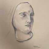 Signed drawing, charcoal study of a woman's face for workshop plaster.