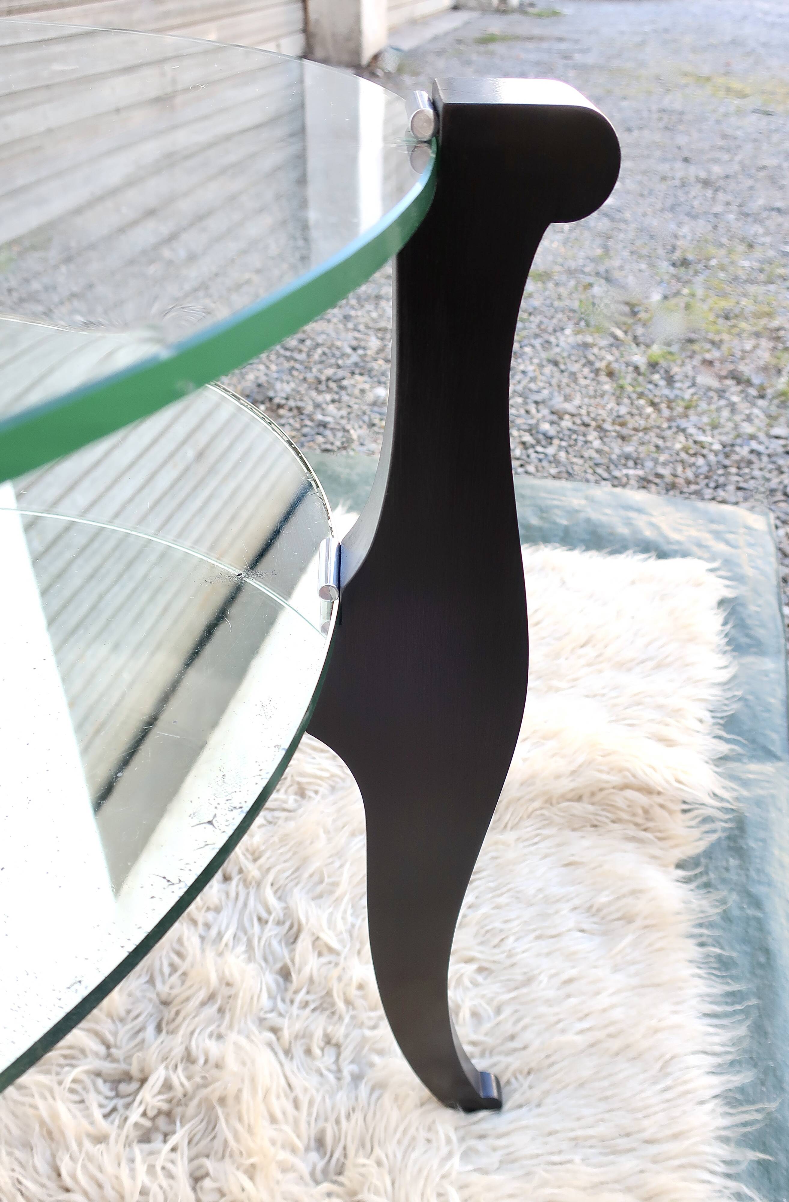 Low art deco pedestal table 1930/1940 in black wood, glass and mirror