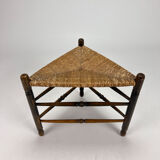 Solid oak and wicker triangular stool, 1950s