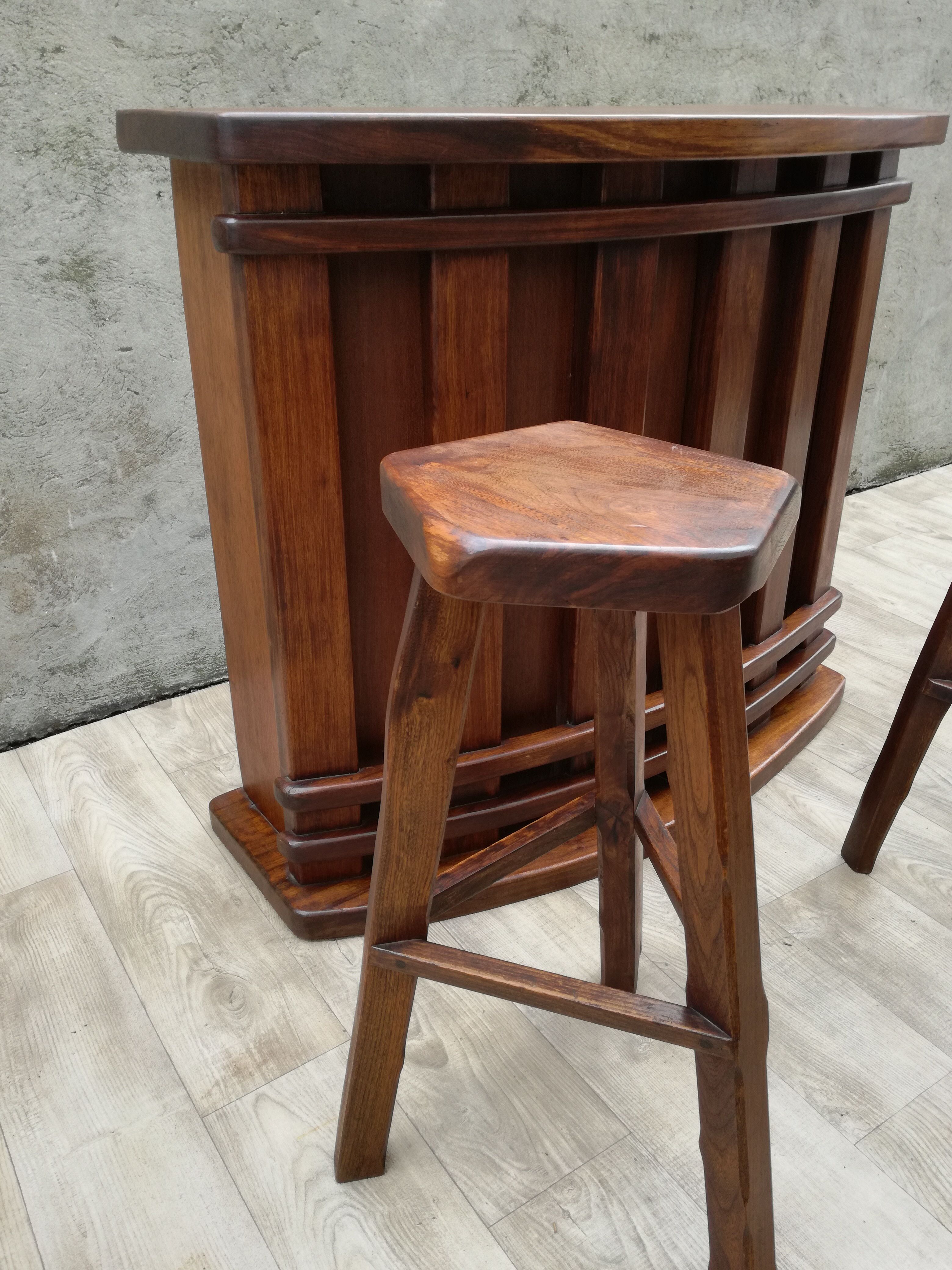 Bar and 2 brutalist stools in massive elm circa 1960