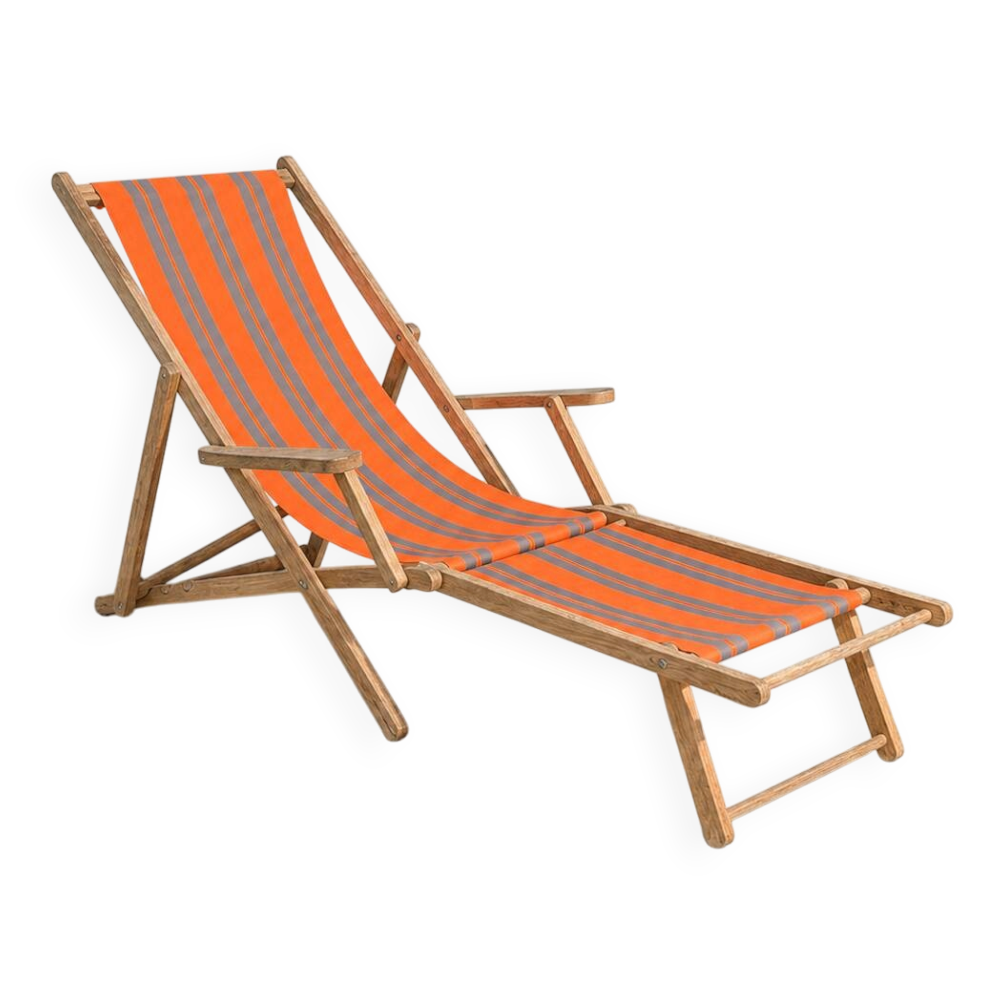 Vintage deck chair with orange and grey striped fabric, original patina.