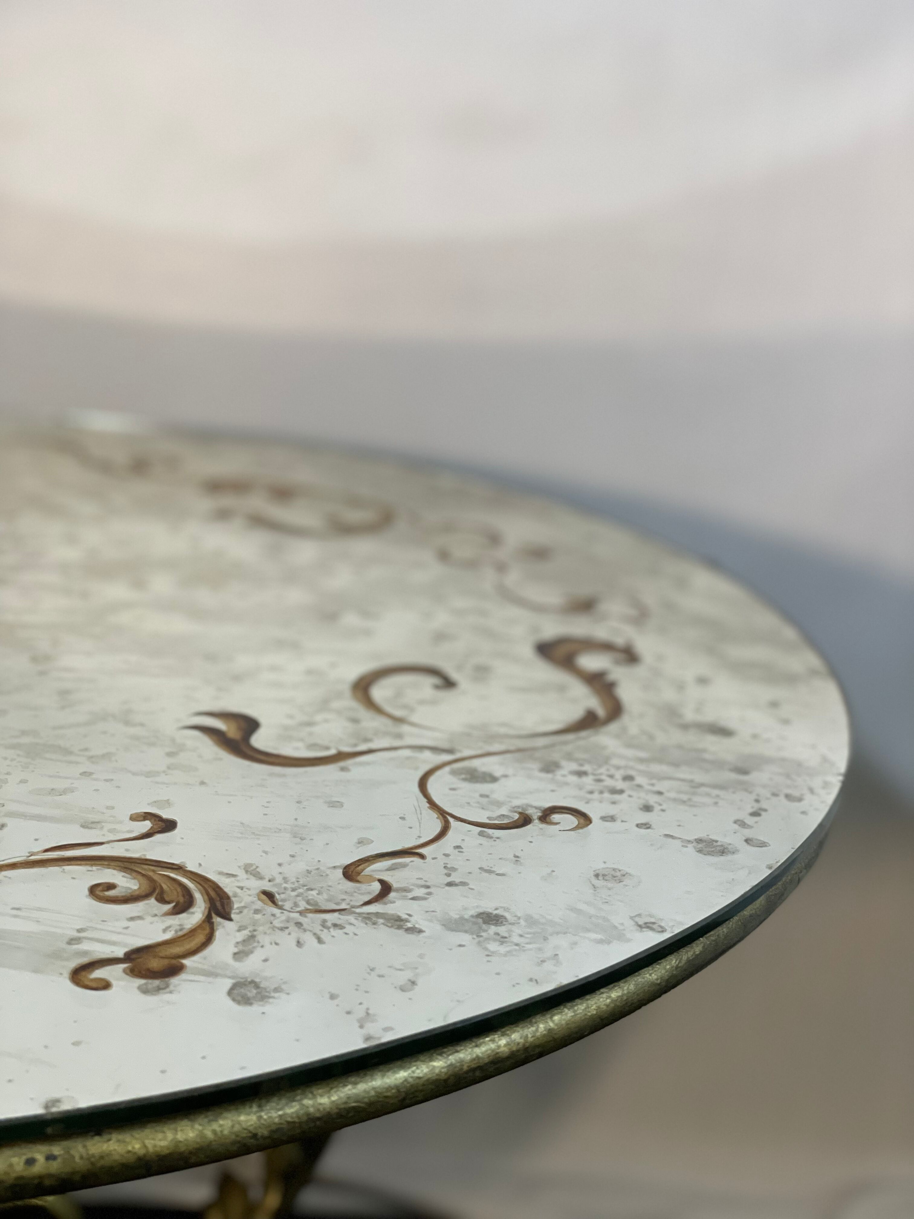 Round coffee table base in gilded wrought iron beautiful top enamelled glass 50s