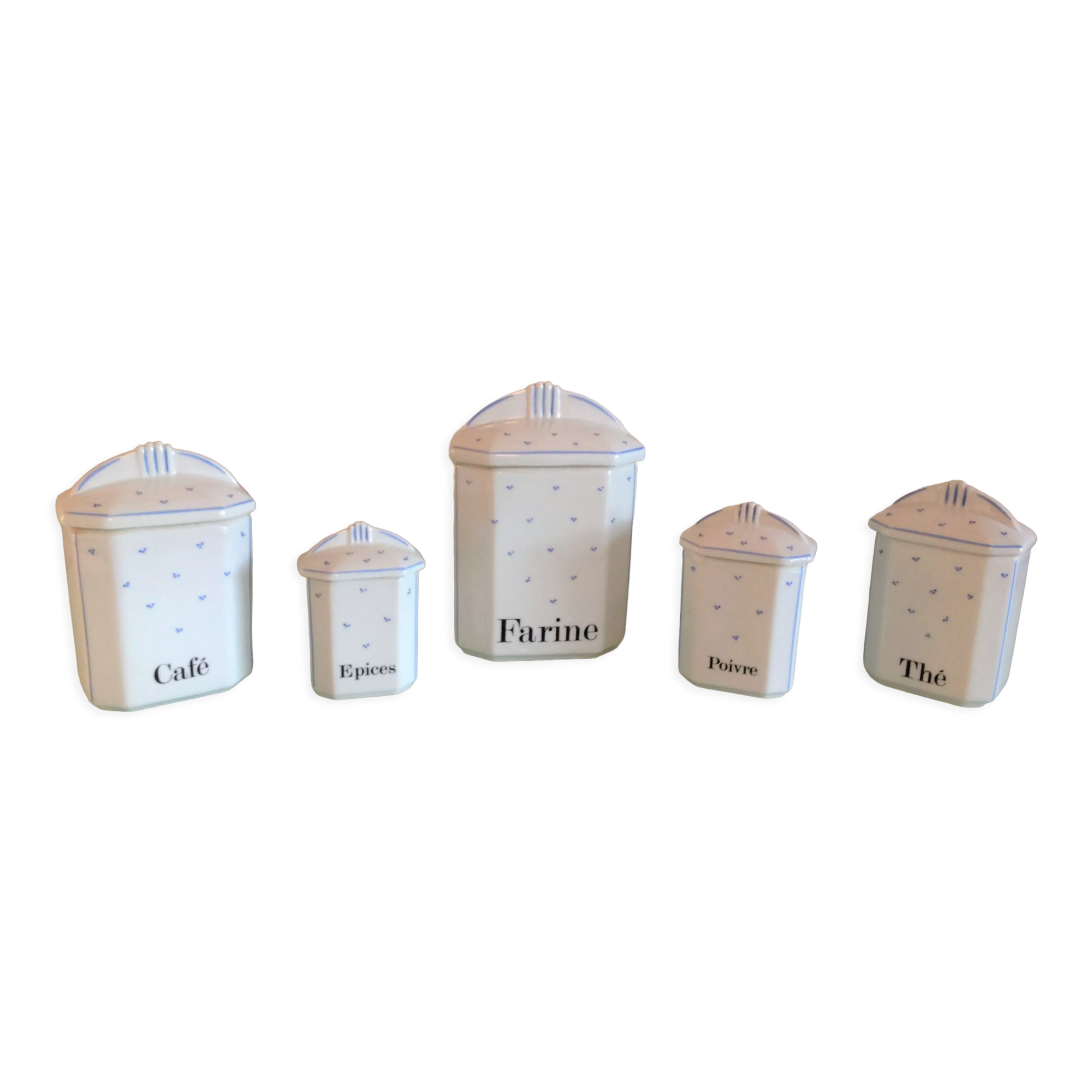 Suite of five Apilco porcelain spice jars / vintage 70s
