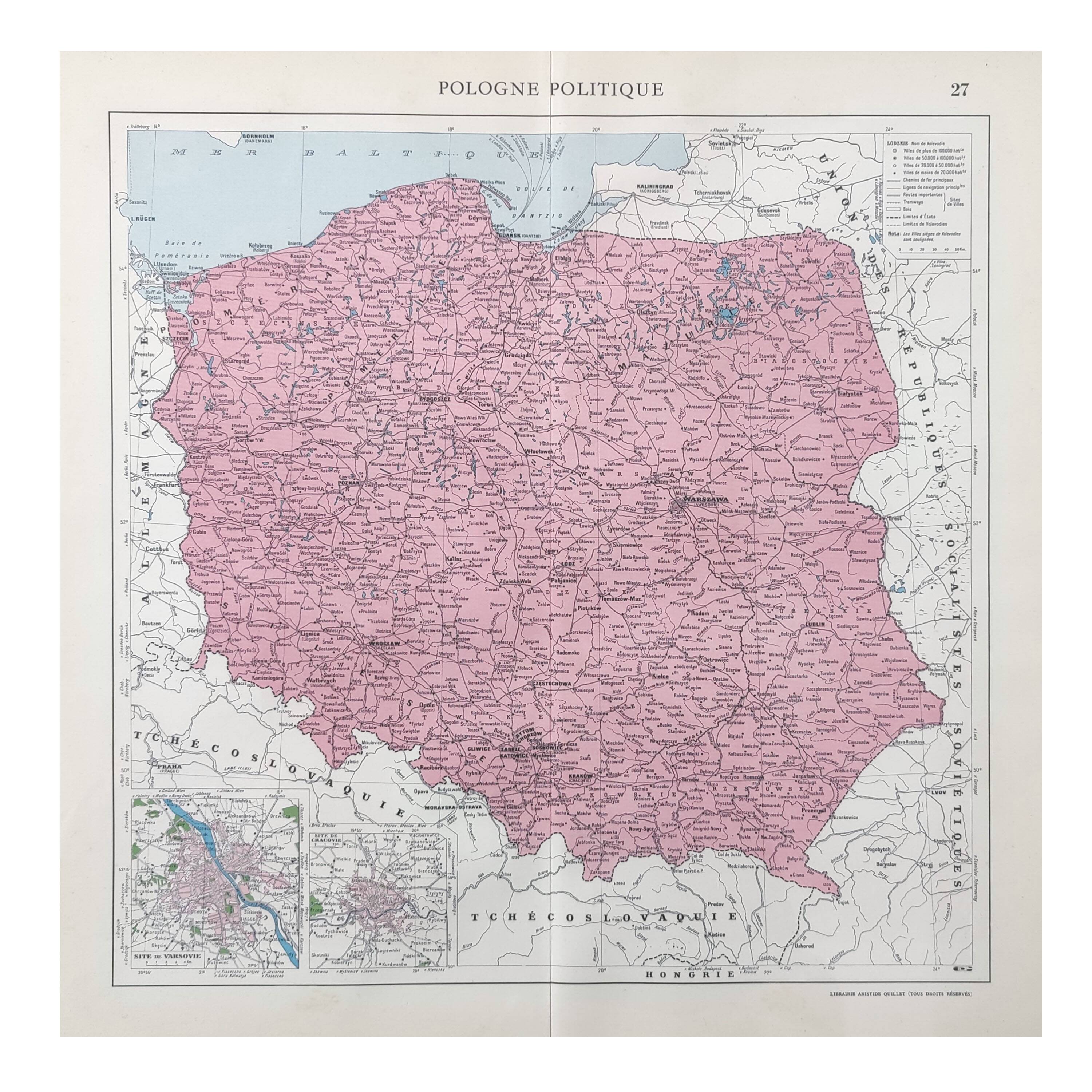 Old map Poland Europe 43x43cm from 1950