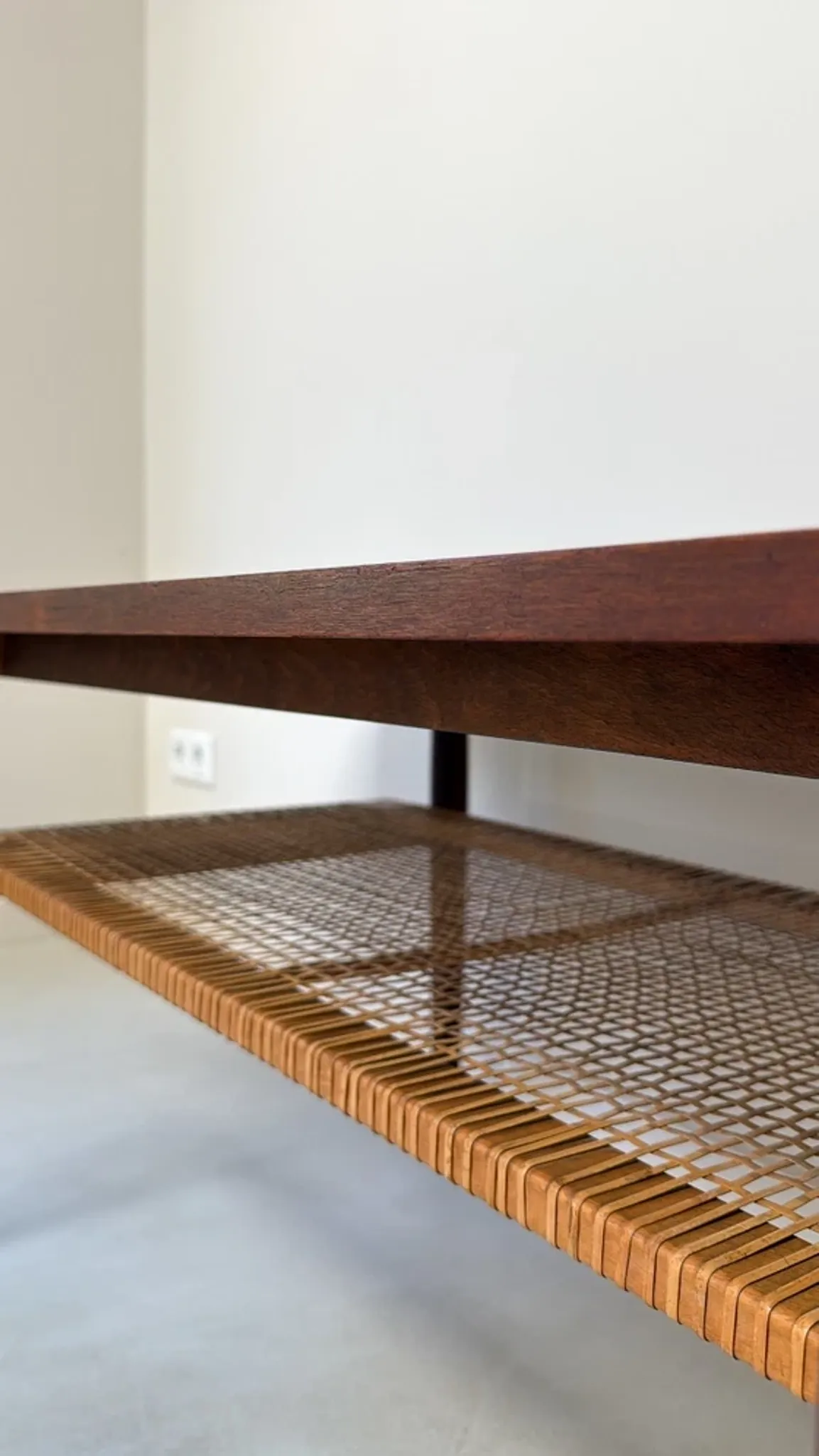 Vintage wooden coffee table with wicker lower shelf