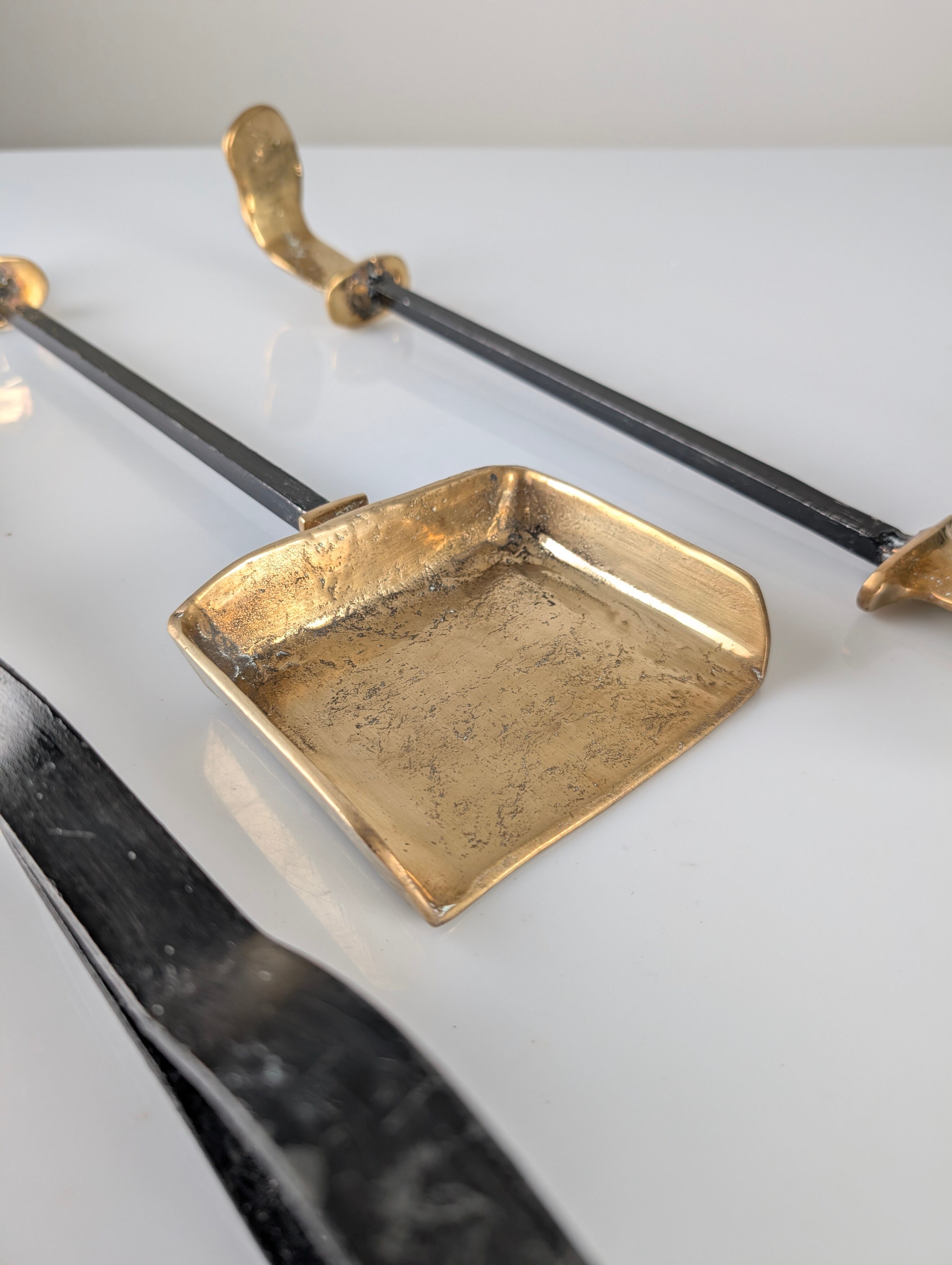 Brutalist iron and brass fireplace set by David Marshall, 1970s