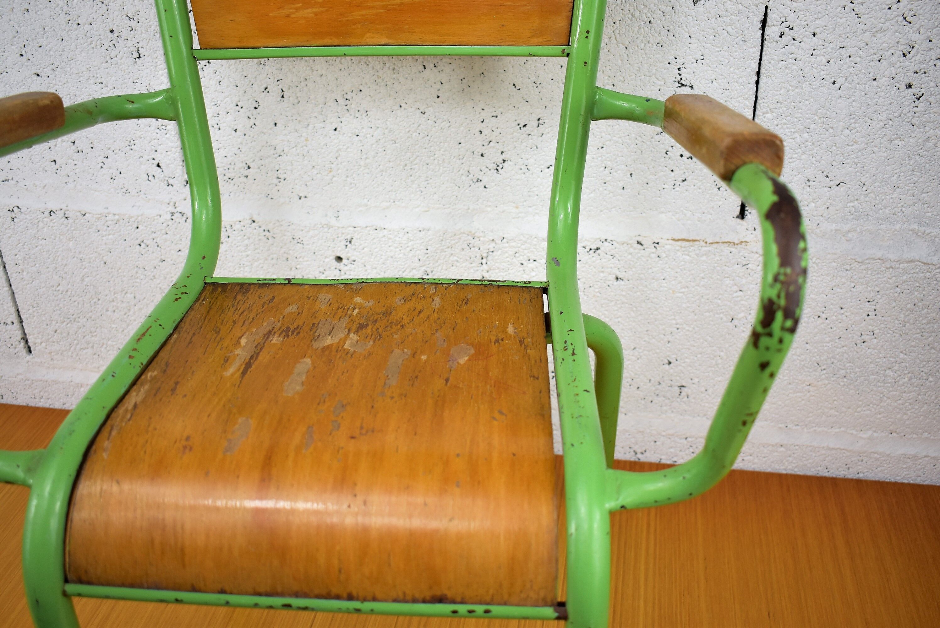 Metal and wood school chair with armrest