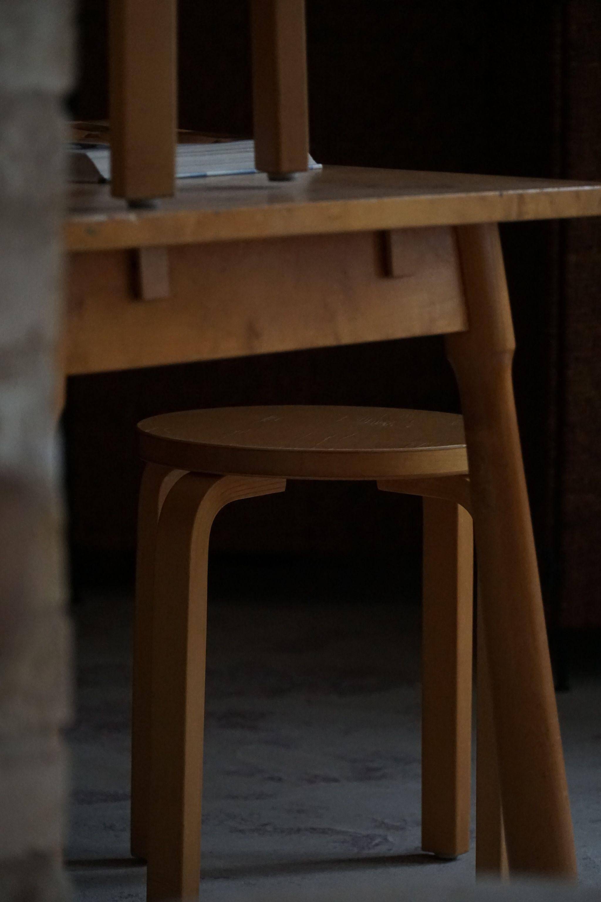 Alvar Aalto, a pair of vintage birch stools, model "60", made by Artek, 1970s.