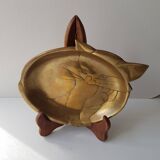 Brass pocket tray representing a cat with wooden display