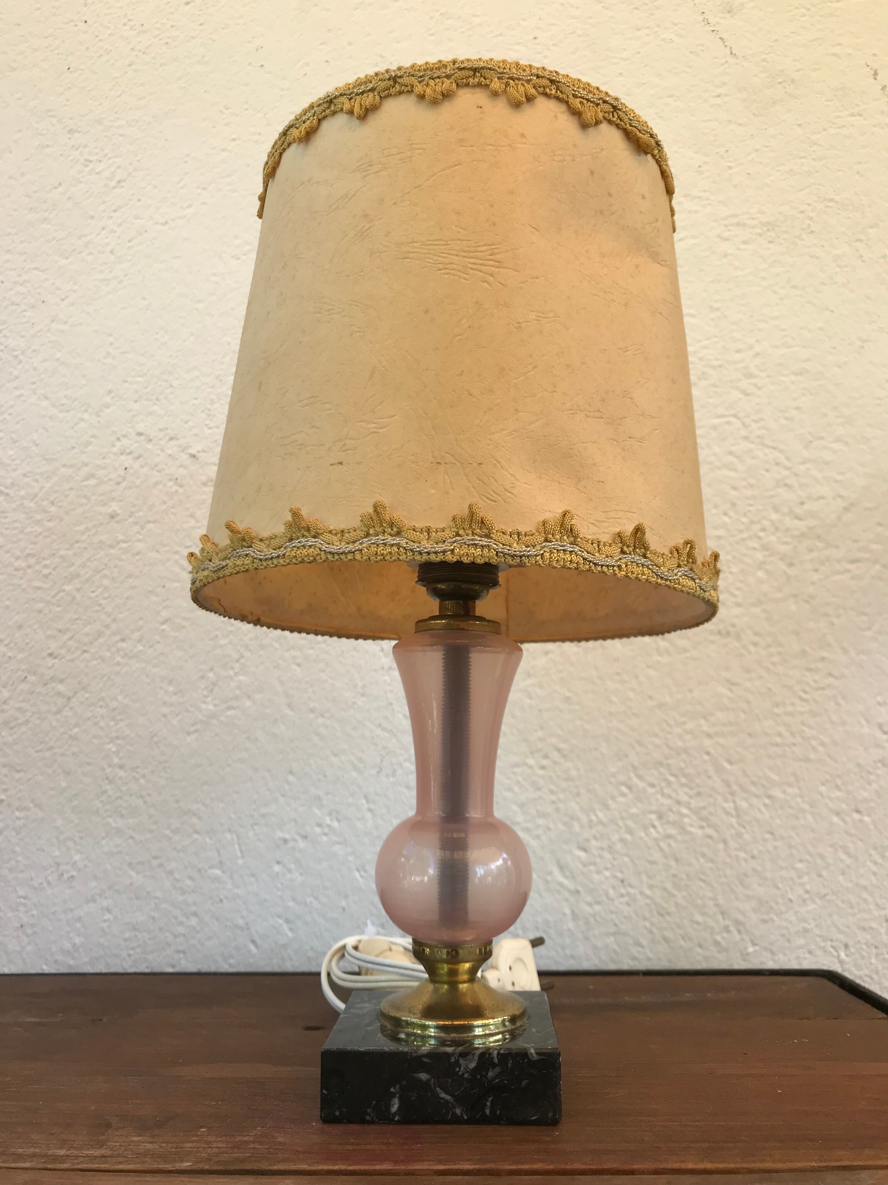 Lamp pink glass & black marble foot