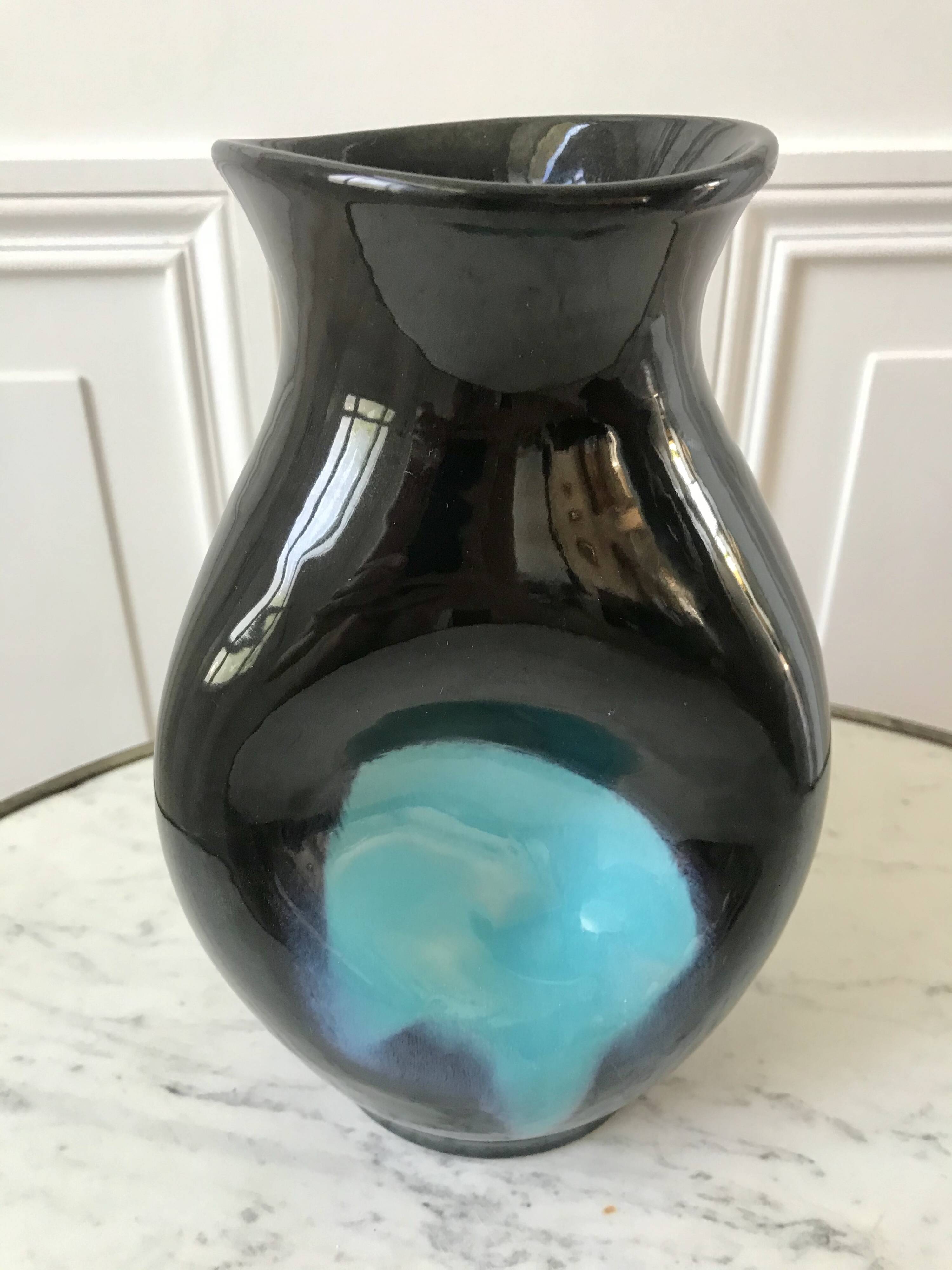 free-form design vase in black and blue ceramic from the 70s