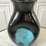 free-form design vase in black and blue ceramic from the 70s