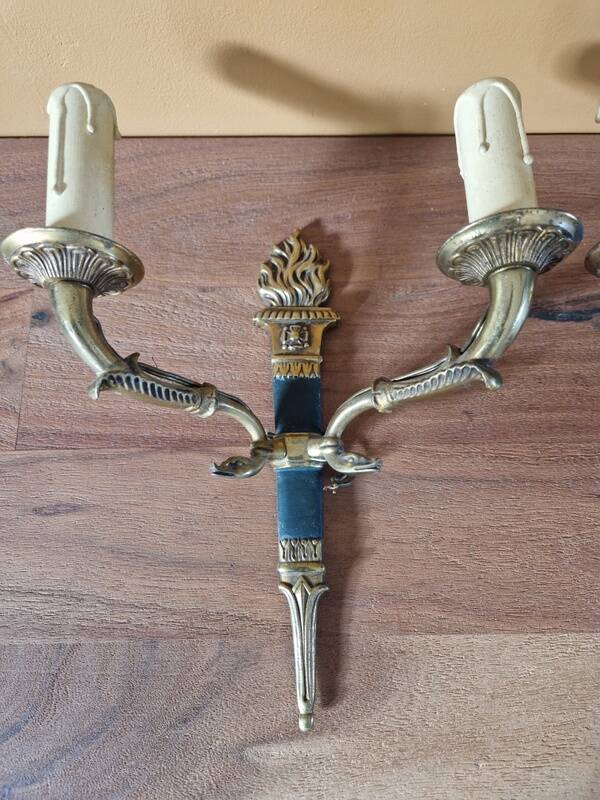 Pair of Empire style wall sconces in gilded bronze and green lacquer.