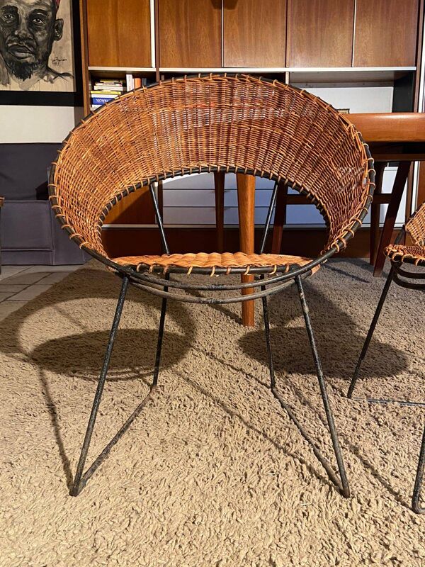 Ensemble 2 fauteuils et table basse en osier Raoul Guy 1950