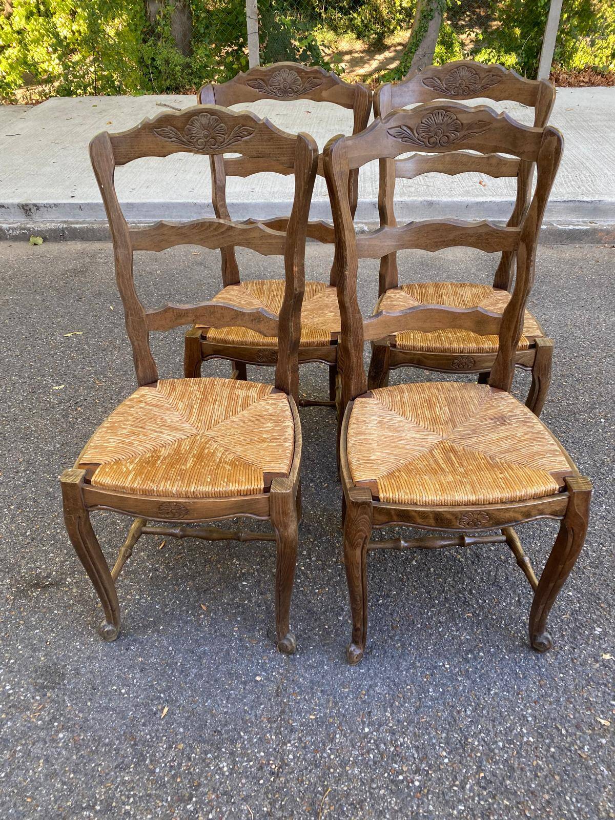 Set of 4 Vintage BAUMANN Chairs in Solid Wood with Rush Seating, Louis XV Style